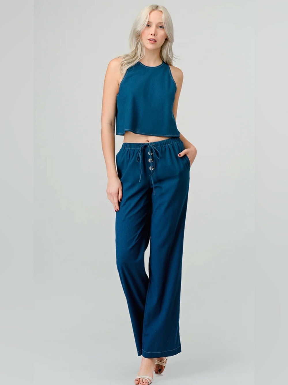 Rowan Coastal Linen Blend 2-Piece Set Crop Top & Wide Leg Pants Size Medium